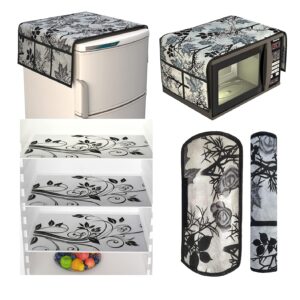 Kitchen Combo Fridge Top Cover, Oven Cover 1 Piece,2 Piece Fridge Handle Cover, 3 Pcs Fridge Mats (Black Classic), (Set of 7 Piece) (Black Branch Oven Combo)