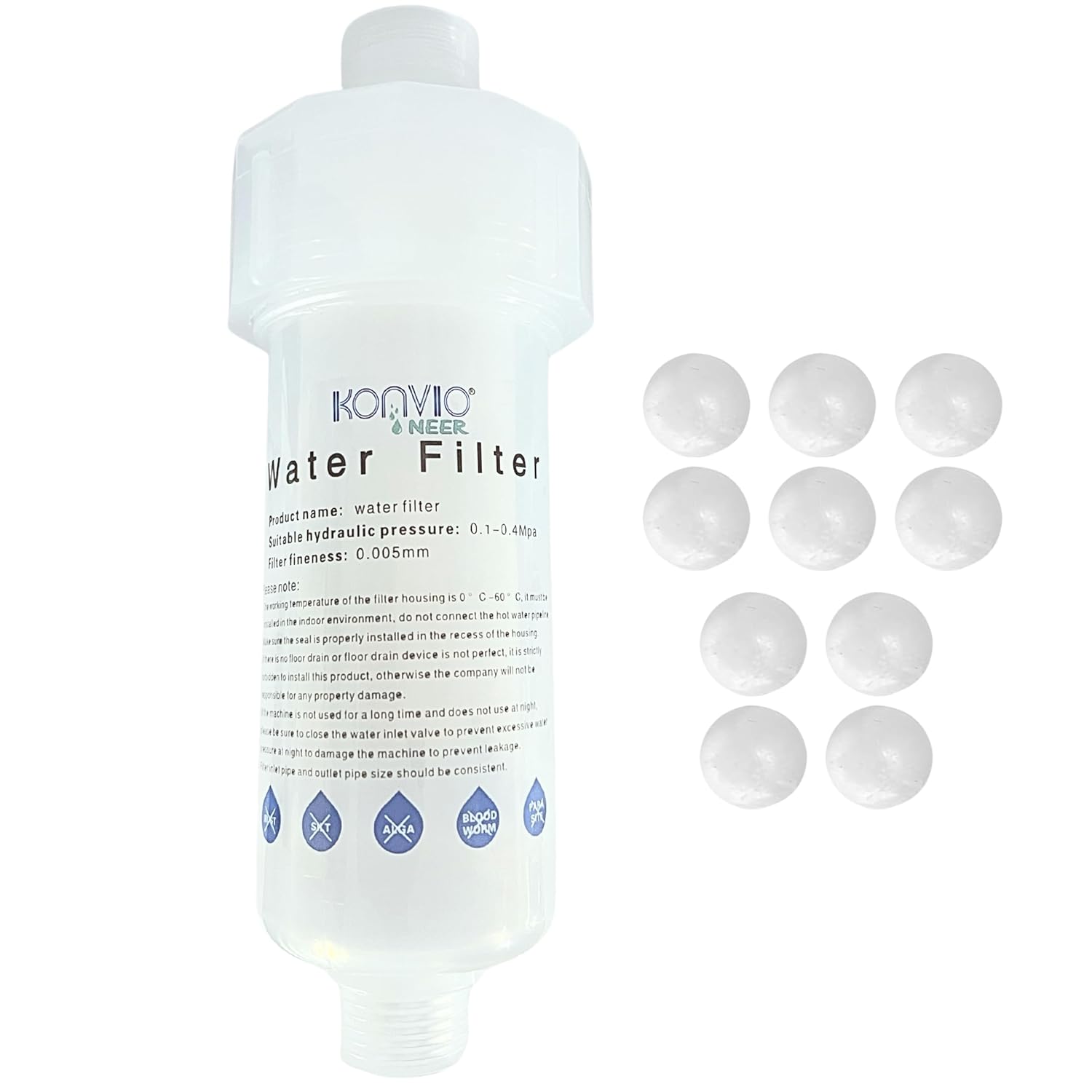 Konvio Neer Washing Machine Water Filter – Protects Against Limescale, Hard Water Softner for Top Load and Front Load Machines,Includes 10 Anti-Scalant Balls, Easy 1-Minute Setup (1 Set, White)
