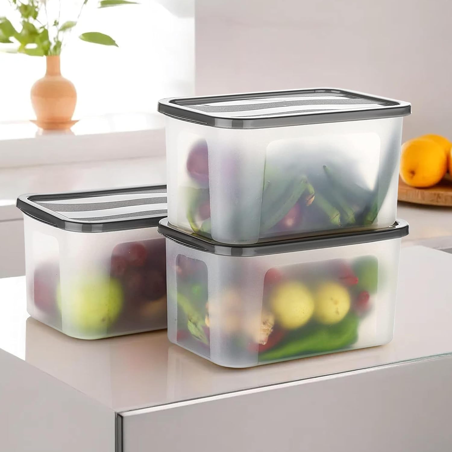 Kuber Industries 3 Pcs Fridge Organizers Storage Box Set | Vegetable Box for Coriander & Kitchen Food Storage | Plastic Freezer Containers | Black Kuber Industries 3 Pcs Fridge Organizers Storage Box Set | Vegetable Box for Coriander & Kitchen Food Storage | Plastic Freezer Containers | Black