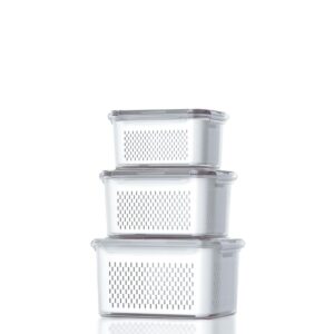 Kuber Industries (Pack of 3) Food Containers | Storage Box for Fridge | Vegetable Fruit Boxes | Refrigerator Storage Box | Containers With Lid | Handheld Strainer Basket | HXP00740 | Transparent