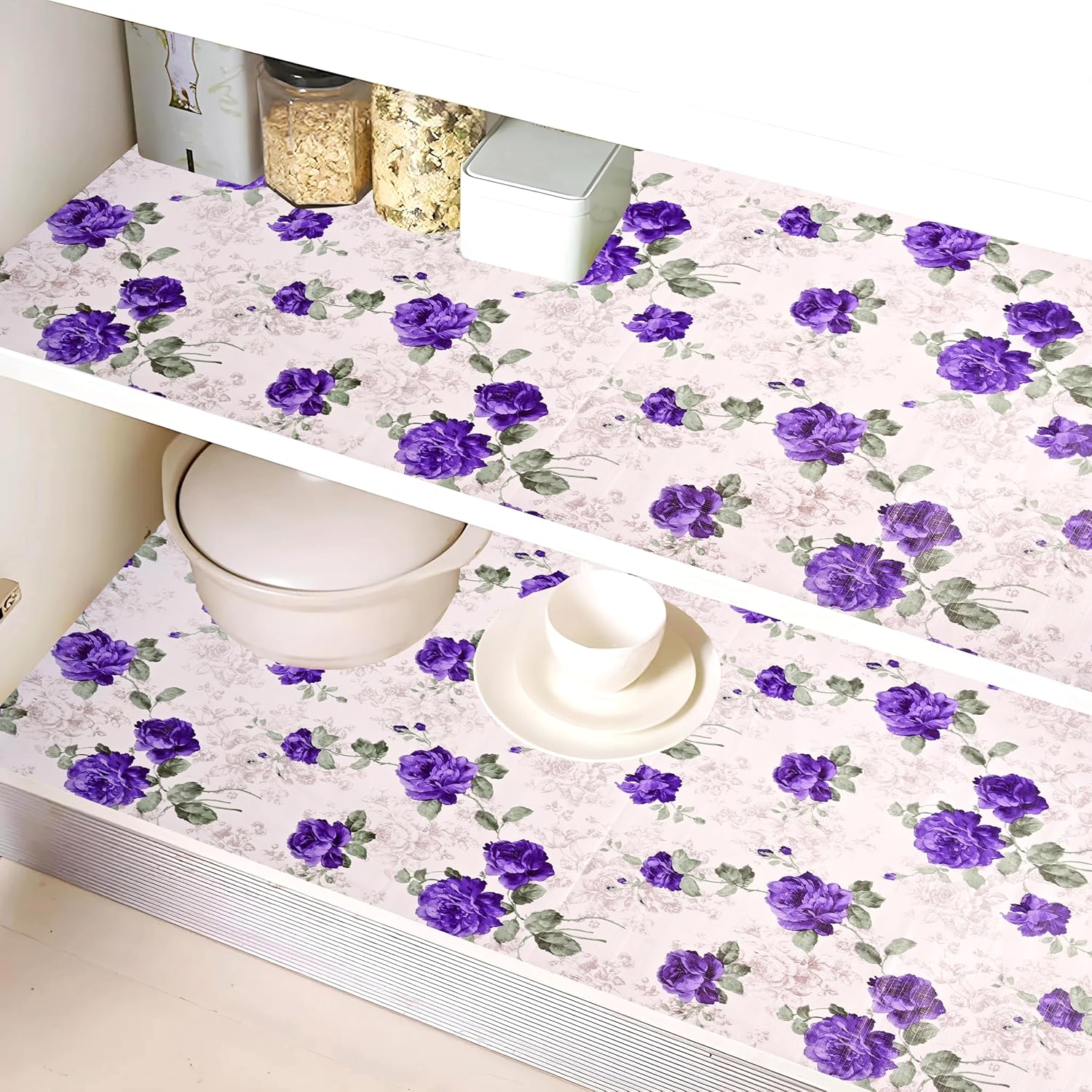 Kuber Industries Shelf Liner | PVC Kitchen Cabinet Shelf Mat | Shelf Mat for Drawer Organizer | Fridge Mat | Table Placemat | Purple Flower Wardrobe Mat | 10 Meter | White Kuber Industries Shelf Liner | PVC Kitchen Cabinet Shelf Mat | Shelf Mat for Drawer Organizer | Fridge Mat | Table Placemat | Purple Flower Wardrobe Mat | 10 Meter | White