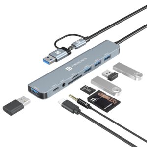 Portronics Mport 8 Plus Dual Plug 8-in-1 Docking Station/Hub with AUX, USB 3.0, microSD/SD Card Reader, Type-C Data, USB 2.0, Type-C and USB Plug for Laptop, Mac, PC (Grey)