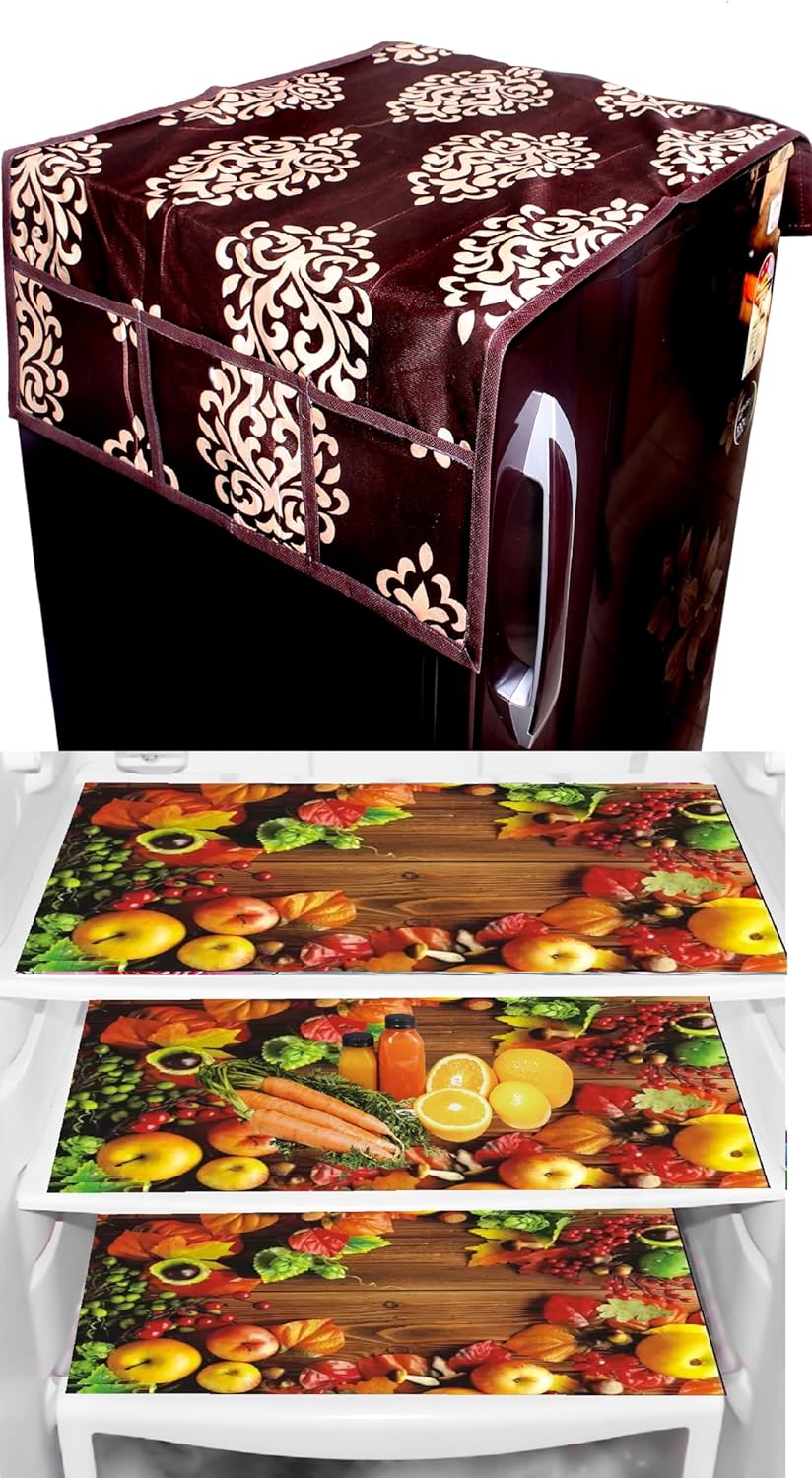 REVEXO Combo of Kitchen Combo Fridge Top Cover(53 x 99 cm)+ Fridge Mats (30 x 42 cm) (Set of 4 Piece) (Multicolour)-93 REVEXO Combo of Kitchen Combo Fridge Top Cover(53 x 99 cm)+ Fridge Mats (30 x 42 cm) (Set of 4 Piece) (Multicolour)-93