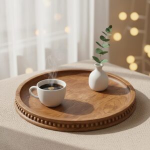 Serenz, Premium Decorative Round Acacia Wood Tray – Beaded Edge Design, Pack of 1, Perfect Small Candle Tray for Kitchen, Dining Room, Coffee Table & Home Decor