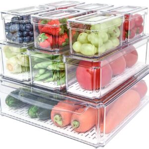 Snazzy Plastic 10 Pack Fridge Organizer, Stackable Refrigerator Organizer Bins With Lids, Bpa-Free Produce Fruit Storage Containers For Storage Clear For Food, Drinks, Vegetable Storage