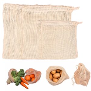 Vegetable Bag for Fridge – 100% Cotton Produce Storage Set (6 Pieces: 4×L & 2×S) for Refrigerator Vegetables | Eco-Friendly Natural Mesh Net | Multi-Purpose Cotton Drawstring Organiser