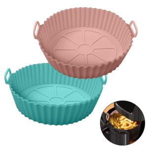Xacton Air Fryer Liners I Round Silicone Basket Baking Tray I Pot with Ear Handles I Nonstick Reusable Heat Resistant I Cooking Oven Insert Accessories – Multicolor (8 inch, Pack of 2)