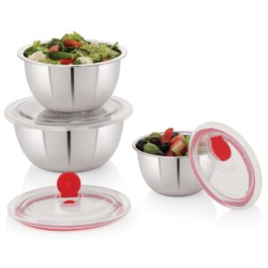 ivbox Stainless Steel Air-Tight Fridge Storage Containers Pack of 3, Food Organiser Bowl with Air Vent, Fridge Storage Boxes Keep Fruits, Vegetables Fresher, Container Box, 450ml, 900ml & 1200ml