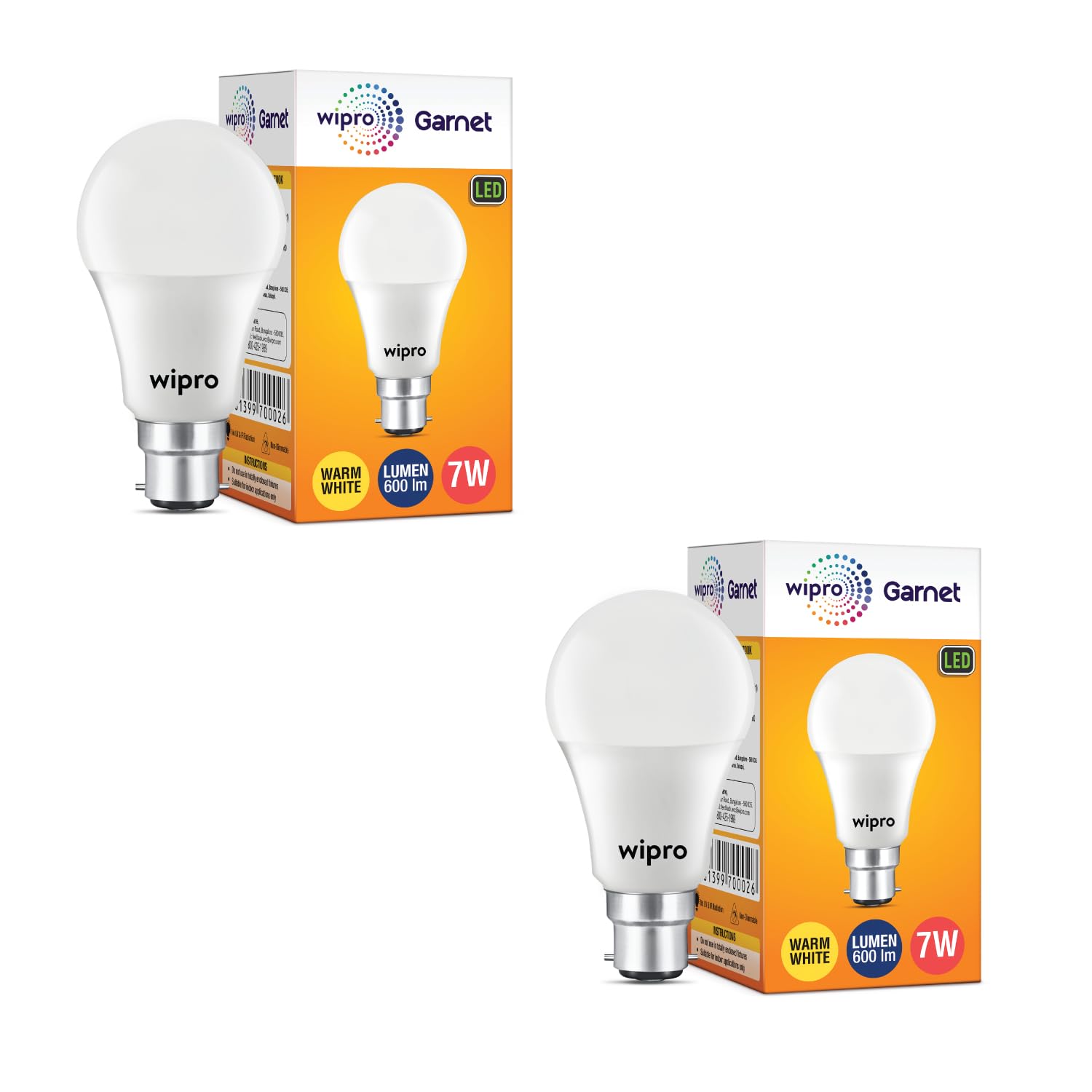 wipro Garnet 7W LED Bulb for Home & Office |Warm White (2700K) | B22 Base|220 Degree Light Coverage |4Kv Surge Protection |400V High Voltage Protection |Energy Efficient | Pack of 2 wipro Garnet 7W LED Bulb for Home & Office |Warm White (2700K) | B22 Base|220 Degree Light Coverage |4Kv Surge Protection |400V High Voltage Protection |Energy Efficient | Pack of 2