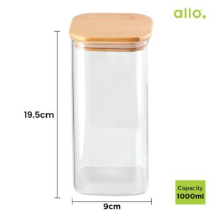 Allo 1000ML Kitchen Storage Box Glass Jars With Wooden Lids – Borosilicate Glass Food Storage Containers Airtight Glass Jar For Tea, Coffee, Spice, Pulses, Masala (Square Glass Jar – Set of 2)