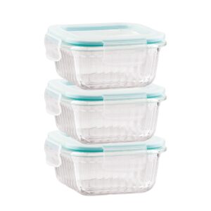 ATTRO Glassox Borosilicate Classic lid Striped Finish Container with Airtight Snap Lock Lid Leakproof, BPA-Free for Meal Prep & Refrigerator Storage,Kitchen Use,Square-Set Of 3-310ml-Transparent