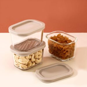 ATTRO Glassox Storeit Borosilicate Glass Storage Containers – 310ml, Set of 3, Transparent & Stackable with PE Lids, Microwave, Fridge&Dishwasher Safe, Snap closure,Ideal for Kitchen&Leftovers- Ivory