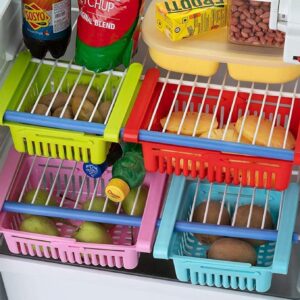 Adjustable Refrigerator Plastic Storage Expandable Fridge Rack Basket Sliding Vegetable Organizer Tray Box Space Saver Drawer for Freezer (Multicolor Pack of 4)