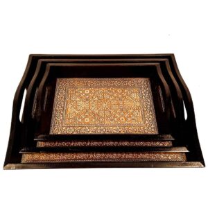 Apka Mart The Online Shop Handicraft Serving Tray – Set of 3 – Brass Tray | Breakfast Coffee Tea Trays Serving Trays for Snacks – for Table Decor, Home Decor, Dining and Serving and Gifts(Square).