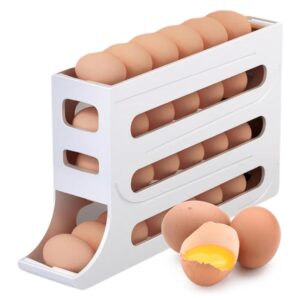 Auto Scroll 4-Tier Egg Rack Holder – Space Saving 30 Egg Dispenser, Gravity Fed, White Color