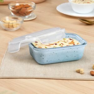 Borosil 370 ml Blue Food Storage Container with Air Tight Lid | Rectangle Shape Borosilicate Glass Organiser | Microwave & Dishwasher Safe | For Fridge, Kitchen Storage