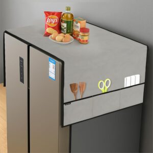 Fridge Cover Top for Double Door Refrigerator – Washable, Water-Resistant Polyester Refrigerator Cover Top with 6 Side Pockets for Kitchen Accessories, Dustproof (Grey)