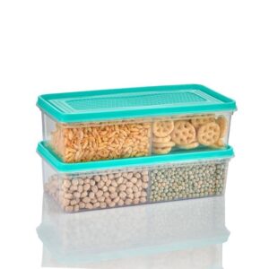 Fridge Storage Boxes,2 Partition Fridge Organizer Case With Removable Drain Plate Stackable Fridge Storage Containers Keep Fresh For Storing Fish -Green(2000Ml,Pack Of 2) – Polypropylene