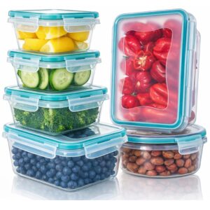 Fridge Storage Containers Set, Plastic Kitchen Storage Box with Lid to Keep Vegetables and Fruits Fresh in the Refrigerator Snap-Seal (6-Pc) Turquoise,Transparent