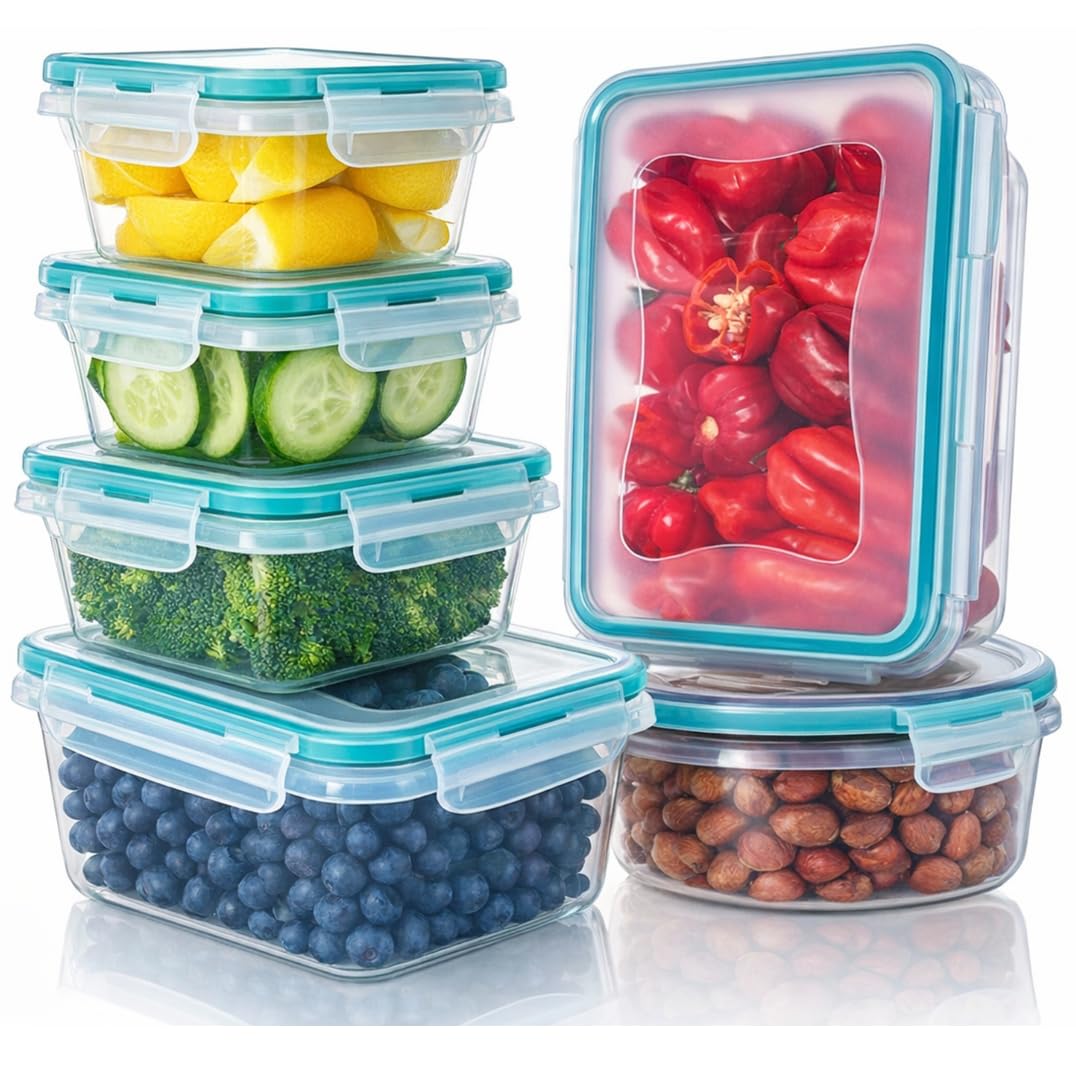 Fridge Storage Containers Set, Plastic Kitchen Storage Box with Lid to Keep Vegetables and Fruits Fresh in the Refrigerator Snap-Seal (6-Pc) Turquoise,Transparent Fridge Storage Containers Set, Plastic Kitchen Storage Box with Lid to Keep Vegetables and Fruits Fresh in the Refrigerator Snap-Seal (6-Pc) Turquoise,Transparent