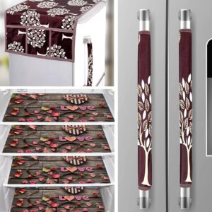 Grisha Home Combo of Kitchen Combo Fridge Top Cover(53 x 99 cm), Fridge Handle Covers (15 x 30 cm )+ Fridge Mats (30 x 45 cm) (Brown Gold 1, Pack of 7)