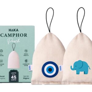 Haka Camphor Pouch –100% Pure Camphor | Multipurpose Natural Chemical Free Air Freshener for Car, Wardrobe, Bathroom & Room | Eco-Friendly Aroma Bag (Pack of 2) (Elephant, Evil Eye, Natural)