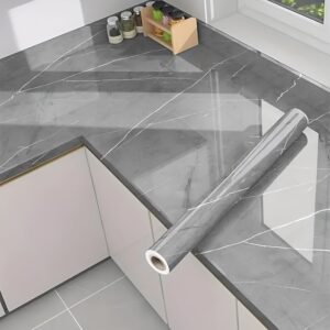 Kitchen Shelf Liners Roll – Waterproof Grey Marble Wallpaper | Anti-Slip Cupboard Mats for Wardrobe, Cabinet, Fridge & Kitchen Platform | Multi-Purpose Self-Adhesive Shelf Sheets (Grey)