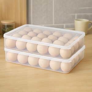 Kuber Industries 2 Pcs Plastic Egg Tray for Fridge | 24 Grid Egg Storage Box for Fridge Kitchen & Pantry | Stackable Eggs Dispenser Holder with Lid – White