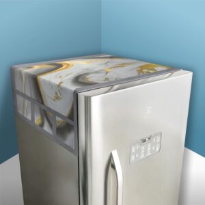 Kuber Industries Polyvinyl Chloride (PVC) Fridge Top Cover | Grey Dust-Proof & Waterproof Refrigerator Cover with 6 Utility Pockets | Golden Marvel Design 100x57x1 cm