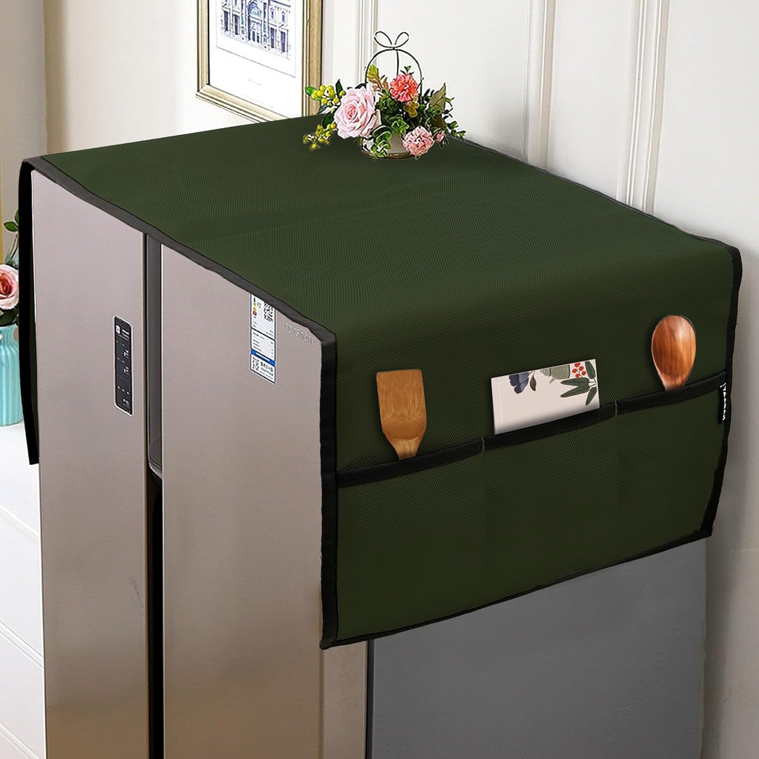 NABAAT Fridge Cover Top for Double Door Refrigerator Kitchen Decor Durable Dustproof Waterproof Modern Design with 6 Side Pockets for Kitchen Accessories – 170 x 65cm (Green) NABAAT Fridge Cover Top for Double Door Refrigerator Kitchen Decor Durable Dustproof Waterproof Modern Design with 6 Side Pockets for Kitchen Accessories – 170 x 65cm (Green)