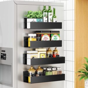 OrganizeMee Magnetic Spice Rack & Kitchen Organizer (27.8 x 11 cm) – Maximize Space, Declutter Counters | Fridge, Washing Machine Storage | Magnetic Shelf Organizer for Spices, Utensils [Black Qty:4]