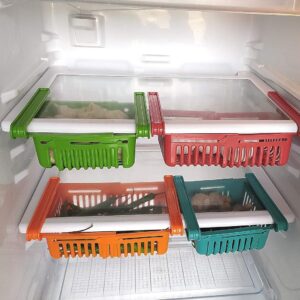Plastic Adjustable Fridge Storage Basket Set of 4 – Expandable Refrigerator Organizer Trays for Kitchen Vegetables Fruits and Eggs – Multicolor