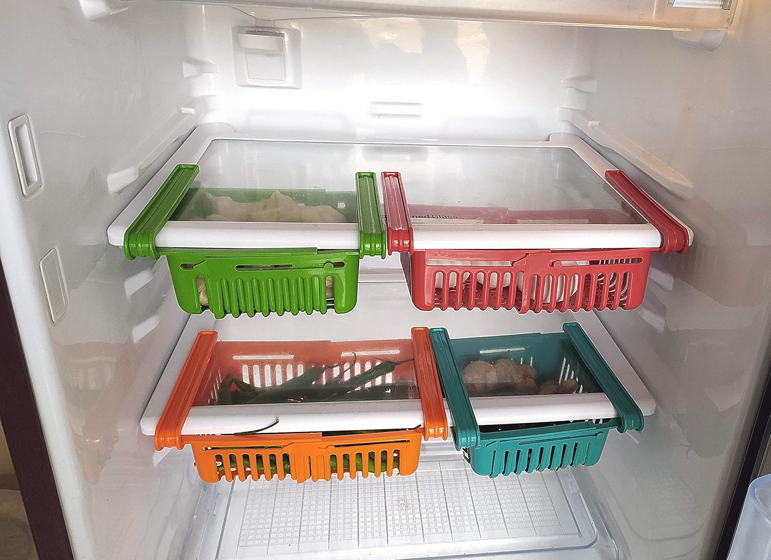Plastic Adjustable Fridge Storage Basket Set of 4 – Expandable Refrigerator Organizer Trays for Kitchen Vegetables Fruits and Eggs – Multicolor Plastic Adjustable Fridge Storage Basket Set of 4 – Expandable Refrigerator Organizer Trays for Kitchen Vegetables Fruits and Eggs – Multicolor