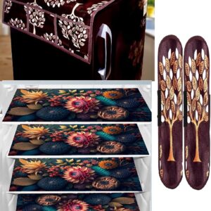 REVEXO Set of 1Pc Polyester Fridge Top Cover with 6 Utility Pockets + 4Pc Fridge Mats + 2Pc Handle Cover -REV -203