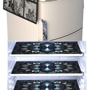Set of 1Pc Polyester Fridge Top Cover with 6 Utility Pockets + 4Pc Fridge Mats (Appy-BLACKLEAF+4SENTERCHECKARI)